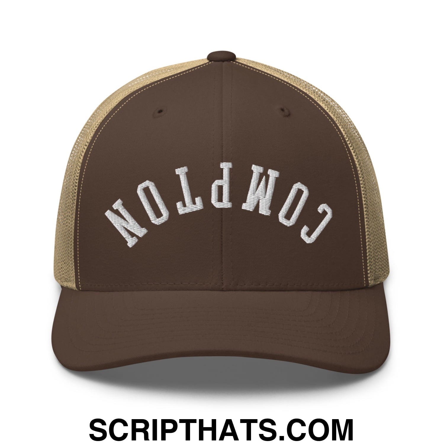 Upside Down Compton Embroidered Mesh Trucker Hat Brown Khaki