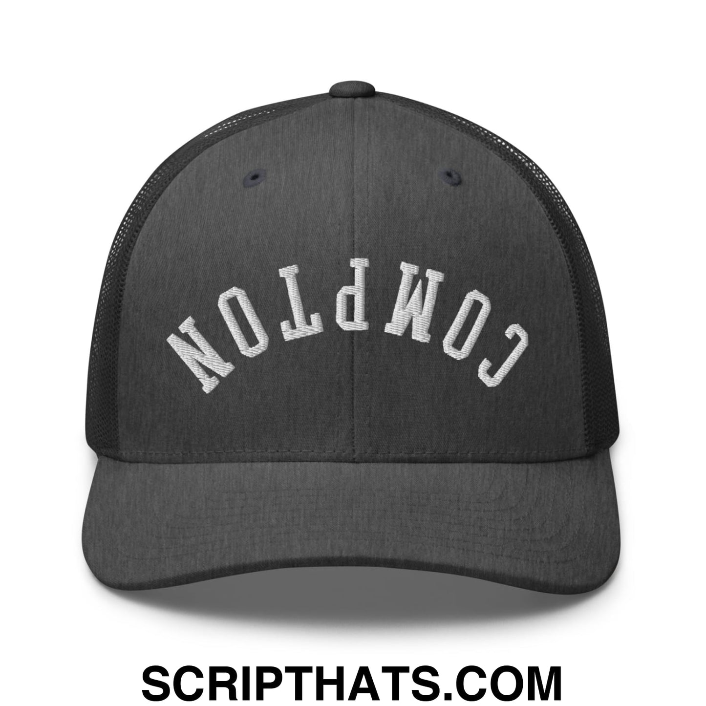 Upside Down Compton Embroidered Mesh Trucker Hat Dark Heather Gray