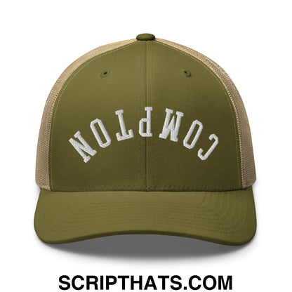 Upside Down Compton Embroidered Mesh Trucker Hat Moss Khaki