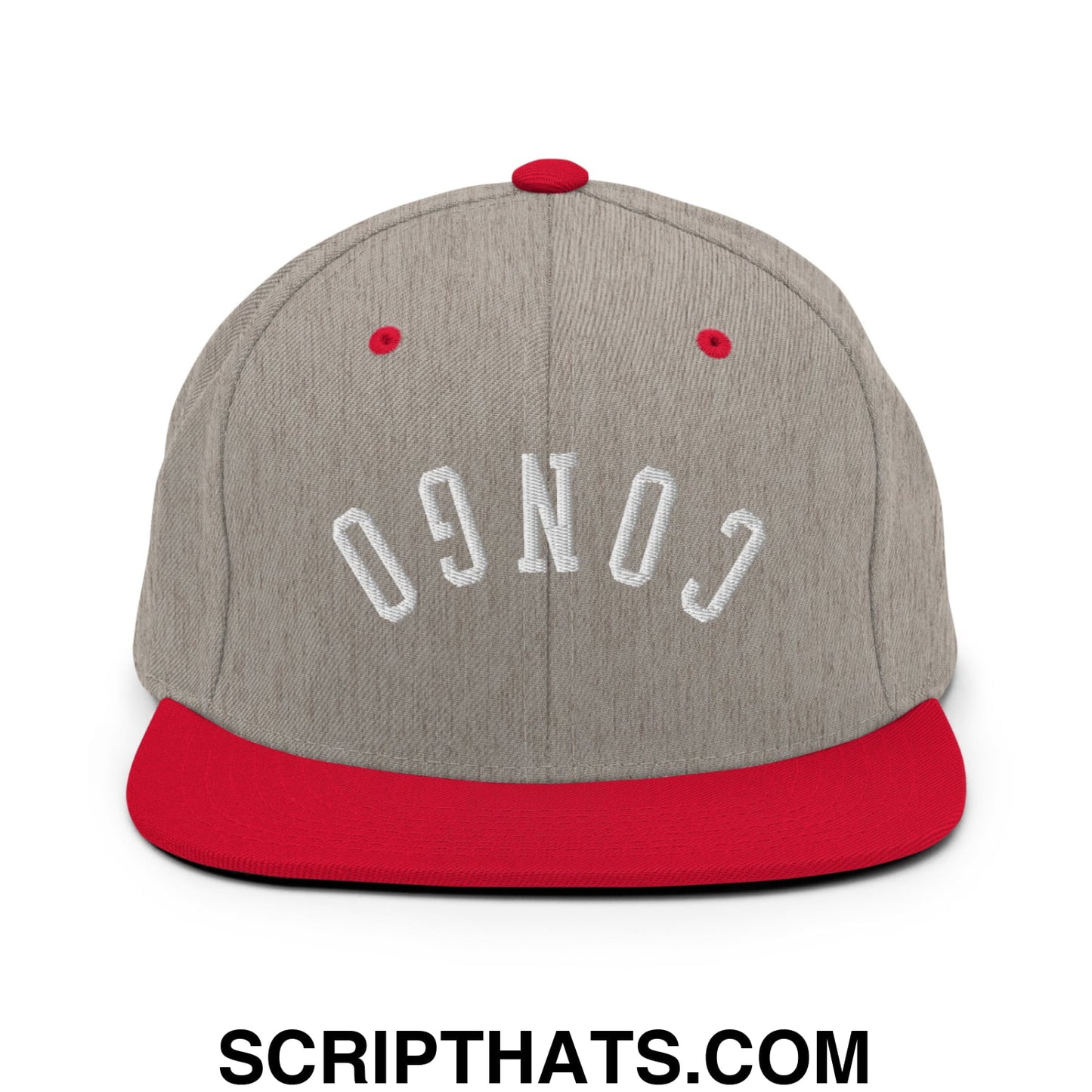 Upside Down Congo Embroidered Flat Bill Brim Snapback Hat Heather Grey Red