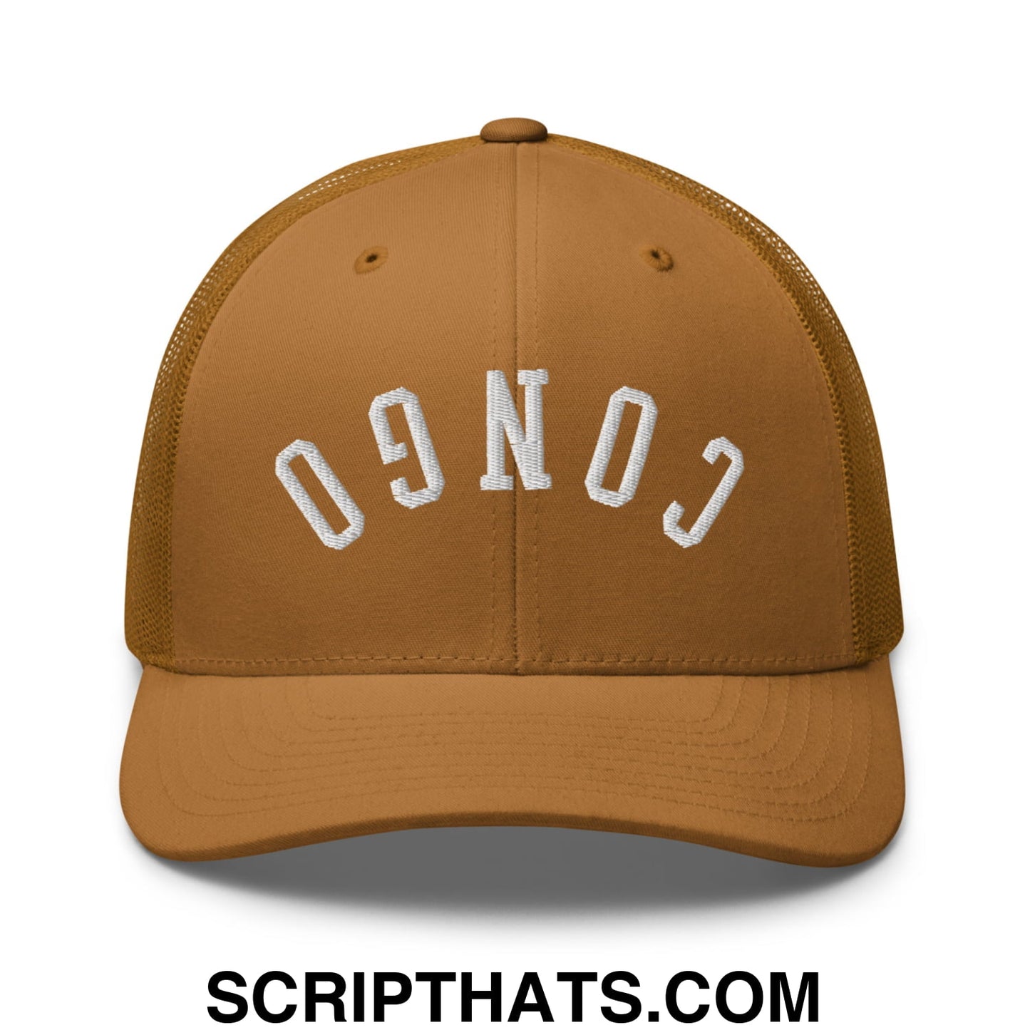 Upside Down Congo Embroidered Mesh Trucker Hat Caramel