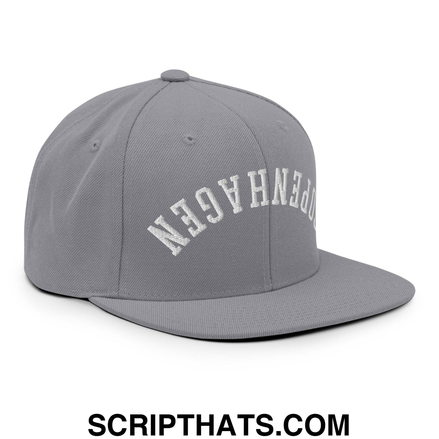 Upside Down Copenhagen Embroidered Flat Bill Brim Snapback Hat Silver