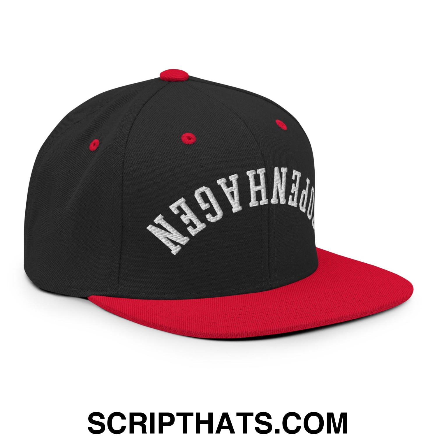 Upside Down Copenhagen Embroidered Flat Bill Brim Snapback Hat Black Red