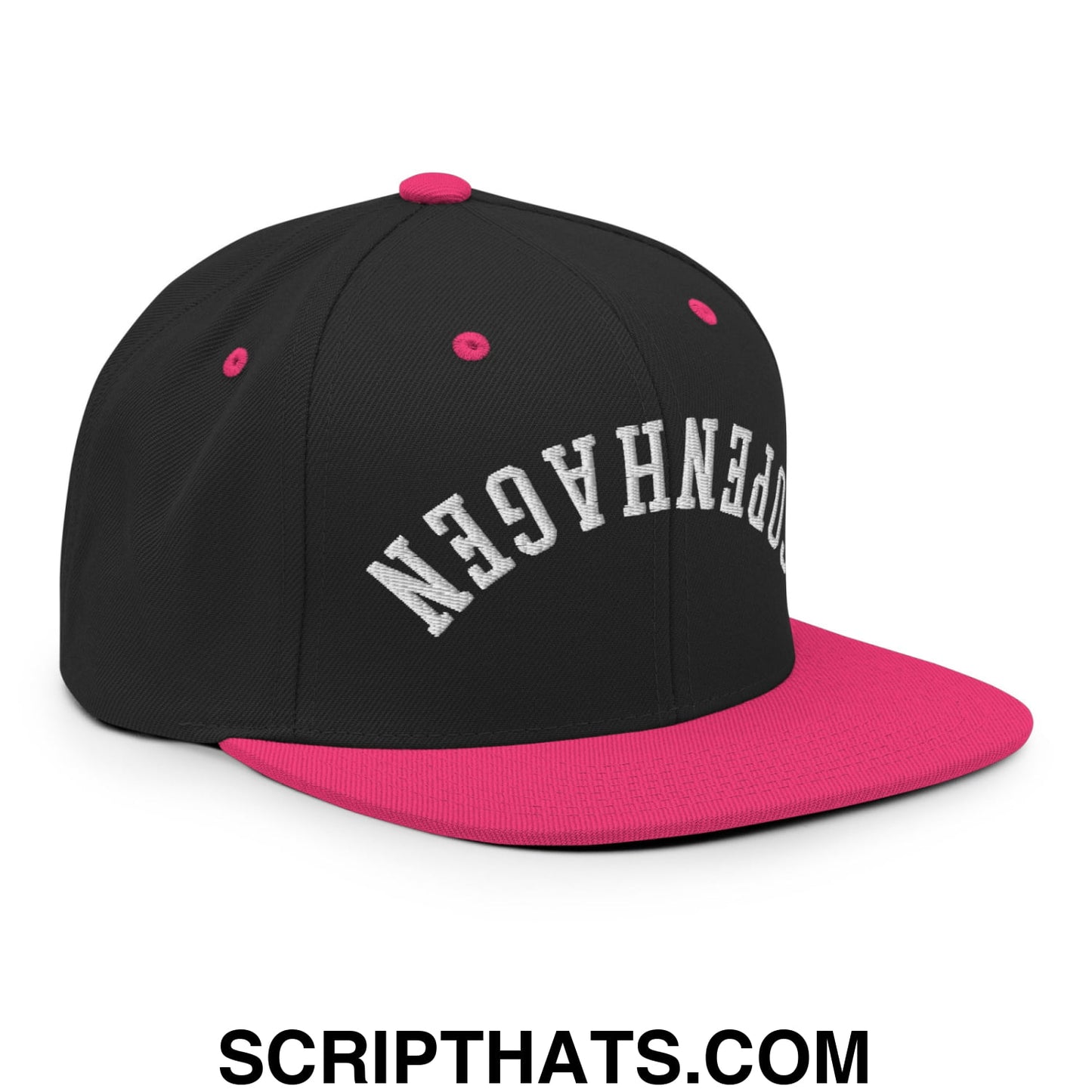 Upside Down Copenhagen Embroidered Flat Bill Brim Snapback Hat Black Neon Pink