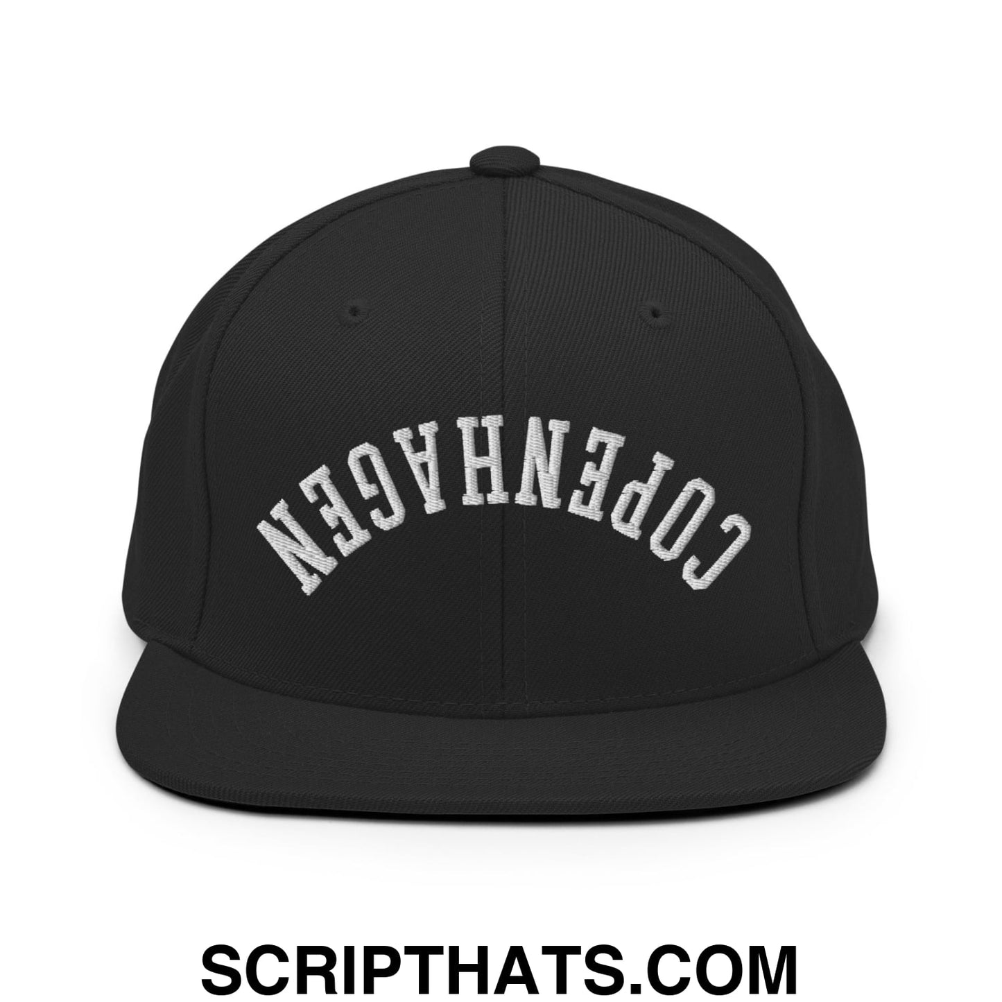 Upside Down Copenhagen Embroidered Flat Bill Brim Snapback Hat Black