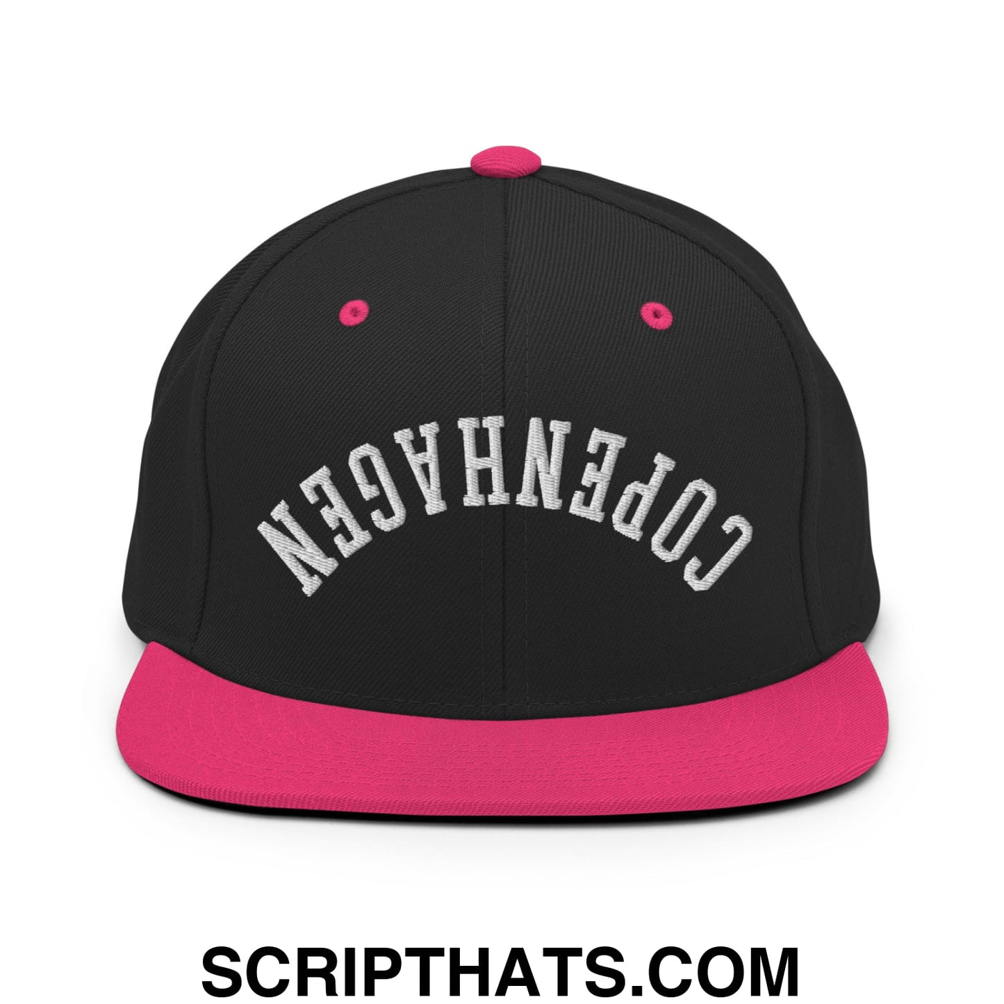 Upside Down Copenhagen Embroidered Flat Bill Brim Snapback Hat Black Neon Pink