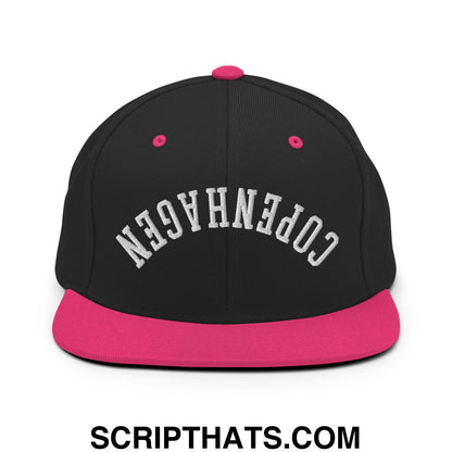 Upside Down Copenhagen Embroidered Flat Bill Brim Snapback Hat Black Neon Pink