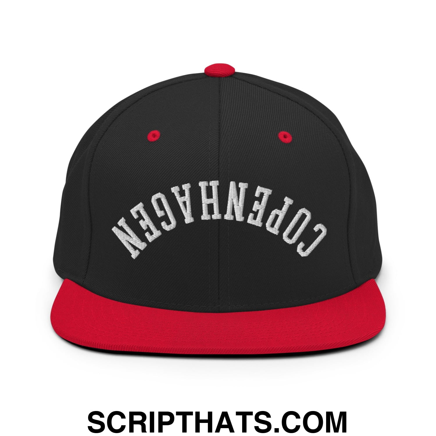 Upside Down Copenhagen Embroidered Flat Bill Brim Snapback Hat Black Red
