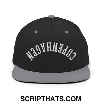 Upside Down Copenhagen Embroidered Flat Bill Brim Snapback Hat Black Silver