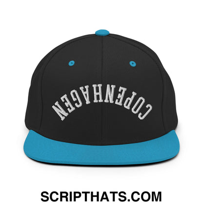Upside Down Copenhagen Embroidered Flat Bill Brim Snapback Hat Black Teal