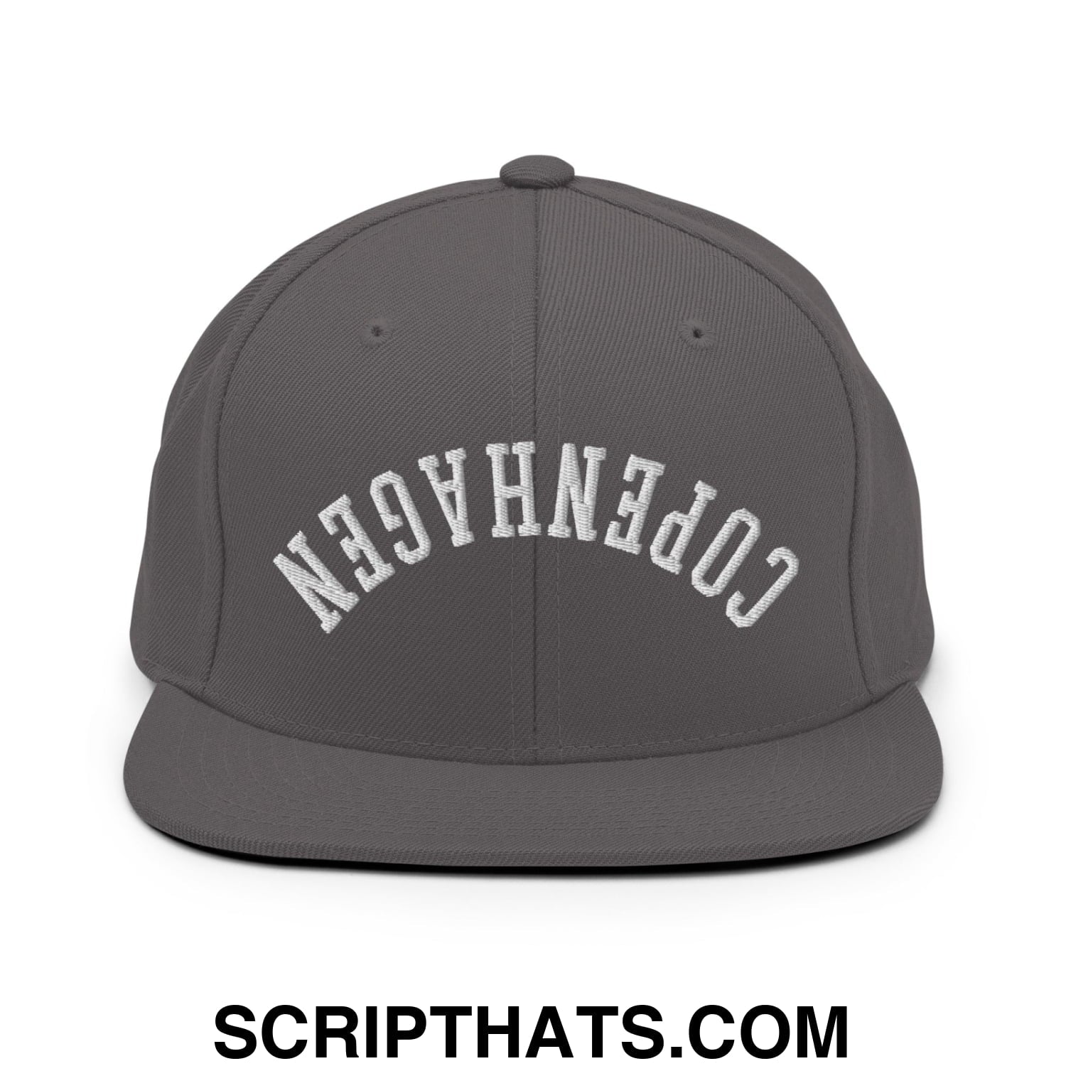 Upside Down Copenhagen Embroidered Flat Bill Brim Snapback Hat Dark Grey