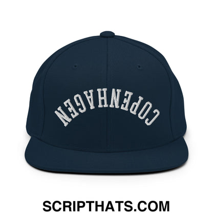 Upside Down Copenhagen Embroidered Flat Bill Brim Snapback Hat Dark Navy