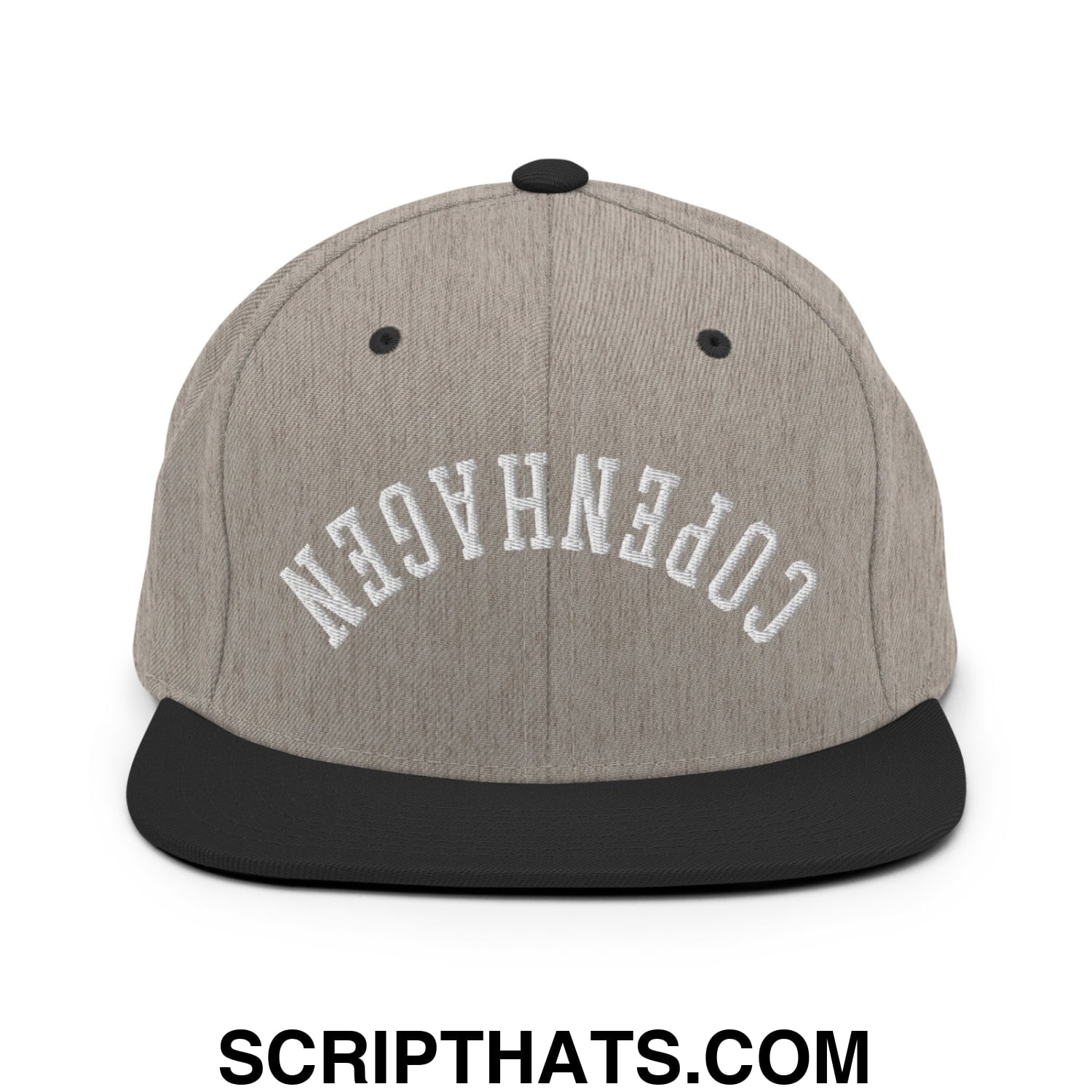 Upside Down Copenhagen Embroidered Flat Bill Brim Snapback Hat Heather Black