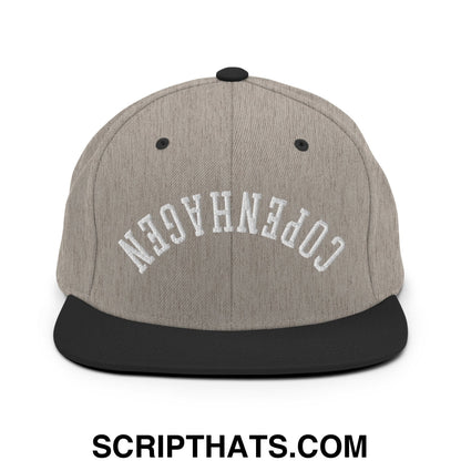Upside Down Copenhagen Embroidered Flat Bill Brim Snapback Hat Heather Black