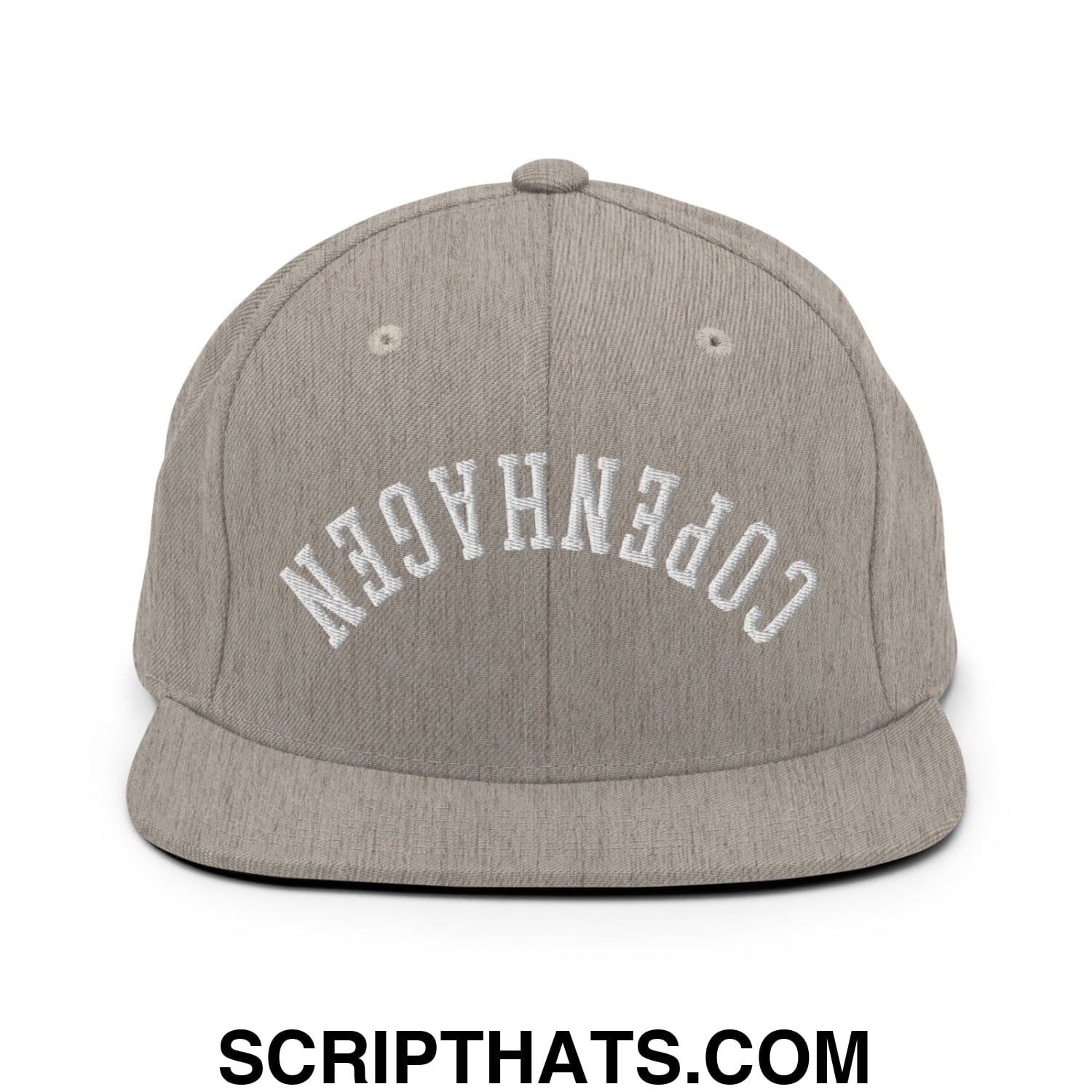Upside Down Copenhagen Embroidered Flat Bill Brim Snapback Hat Heather Grey