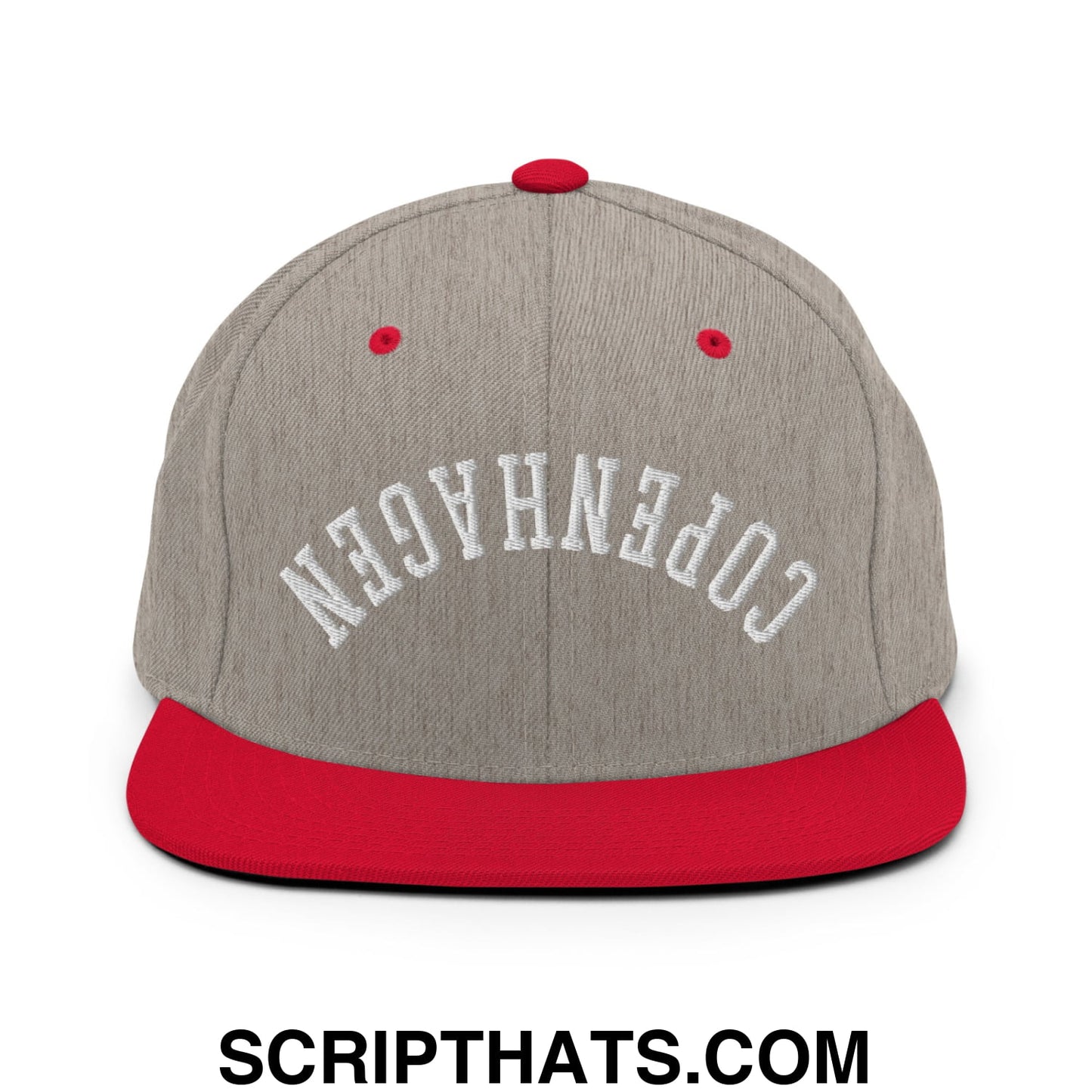 Upside Down Copenhagen Embroidered Flat Bill Brim Snapback Hat Heather Grey Red