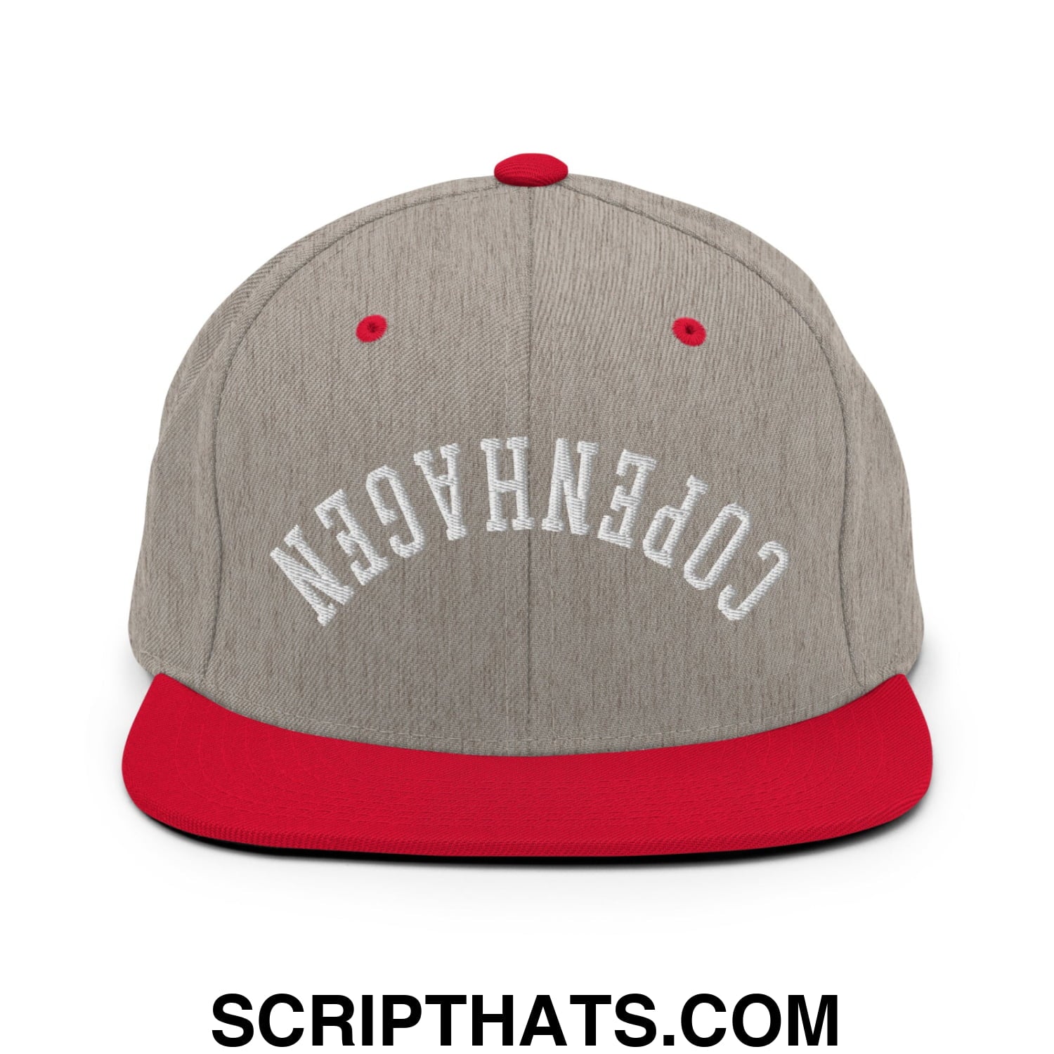 Upside Down Copenhagen Embroidered Flat Bill Brim Snapback Hat Heather Grey Red