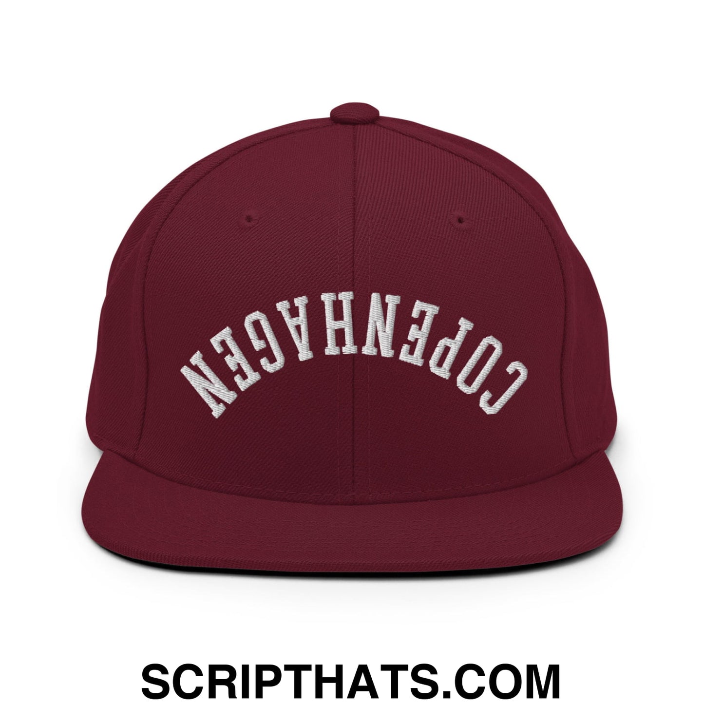 Upside Down Copenhagen Embroidered Flat Bill Brim Snapback Hat Maroon
