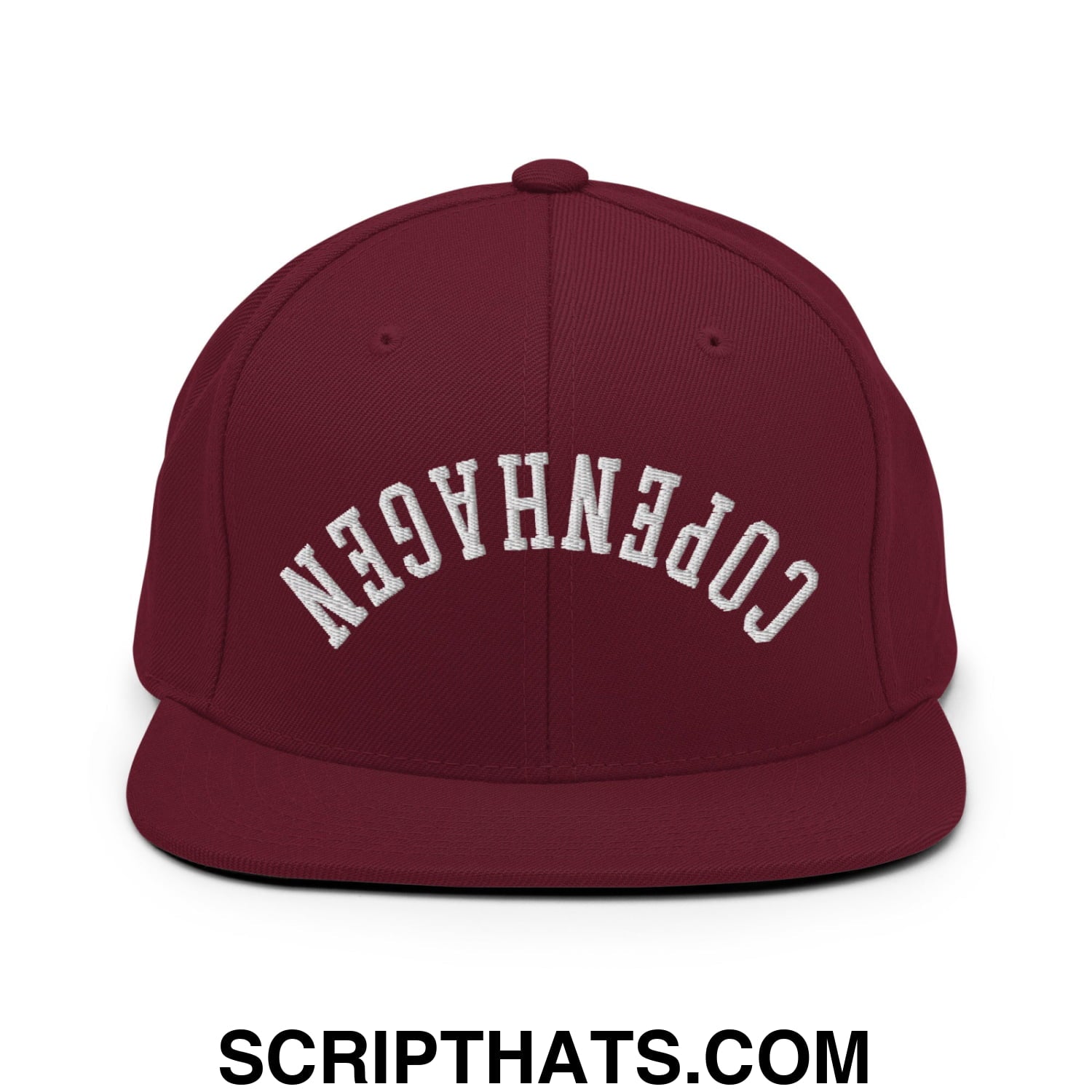 Upside Down Copenhagen Embroidered Flat Bill Brim Snapback Hat Maroon