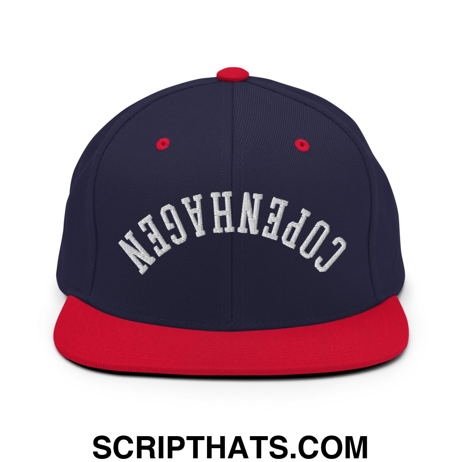 Upside Down Copenhagen Embroidered Flat Bill Brim Snapback Hat Navy Red