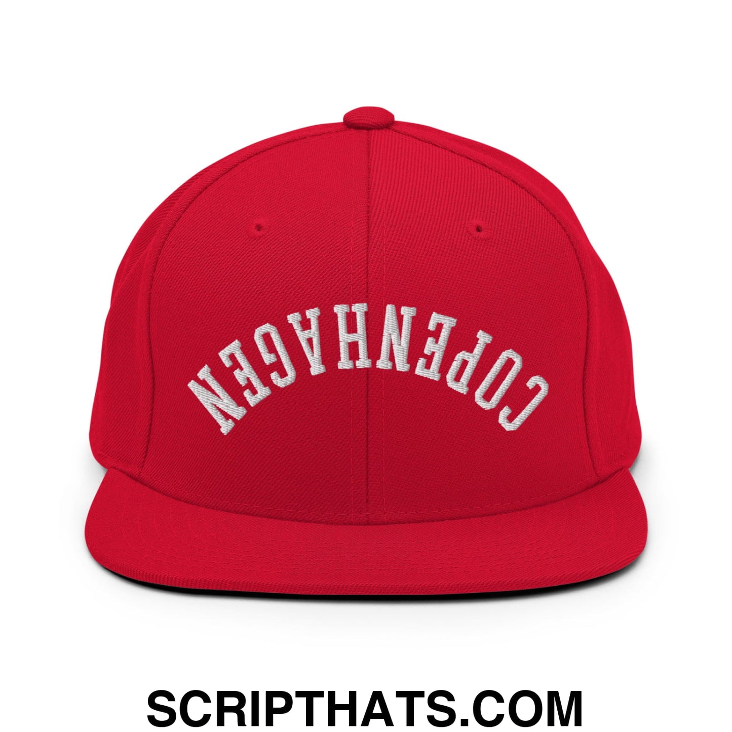 Upside Down Copenhagen Embroidered Flat Bill Brim Snapback Hat Red
