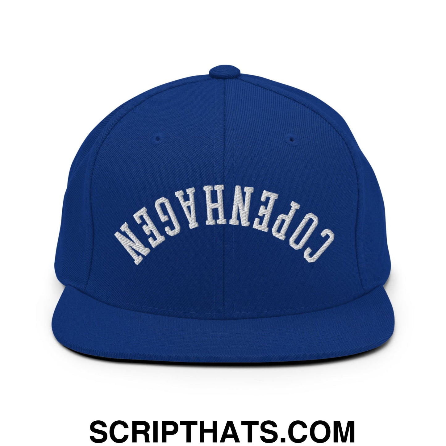 Upside Down Copenhagen Embroidered Flat Bill Brim Snapback Hat Royal Blue
