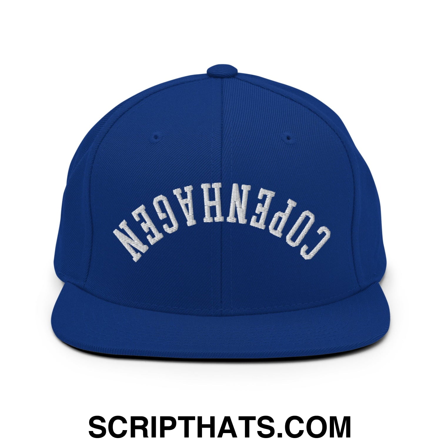 Upside Down Copenhagen Embroidered Flat Bill Brim Snapback Hat Royal Blue