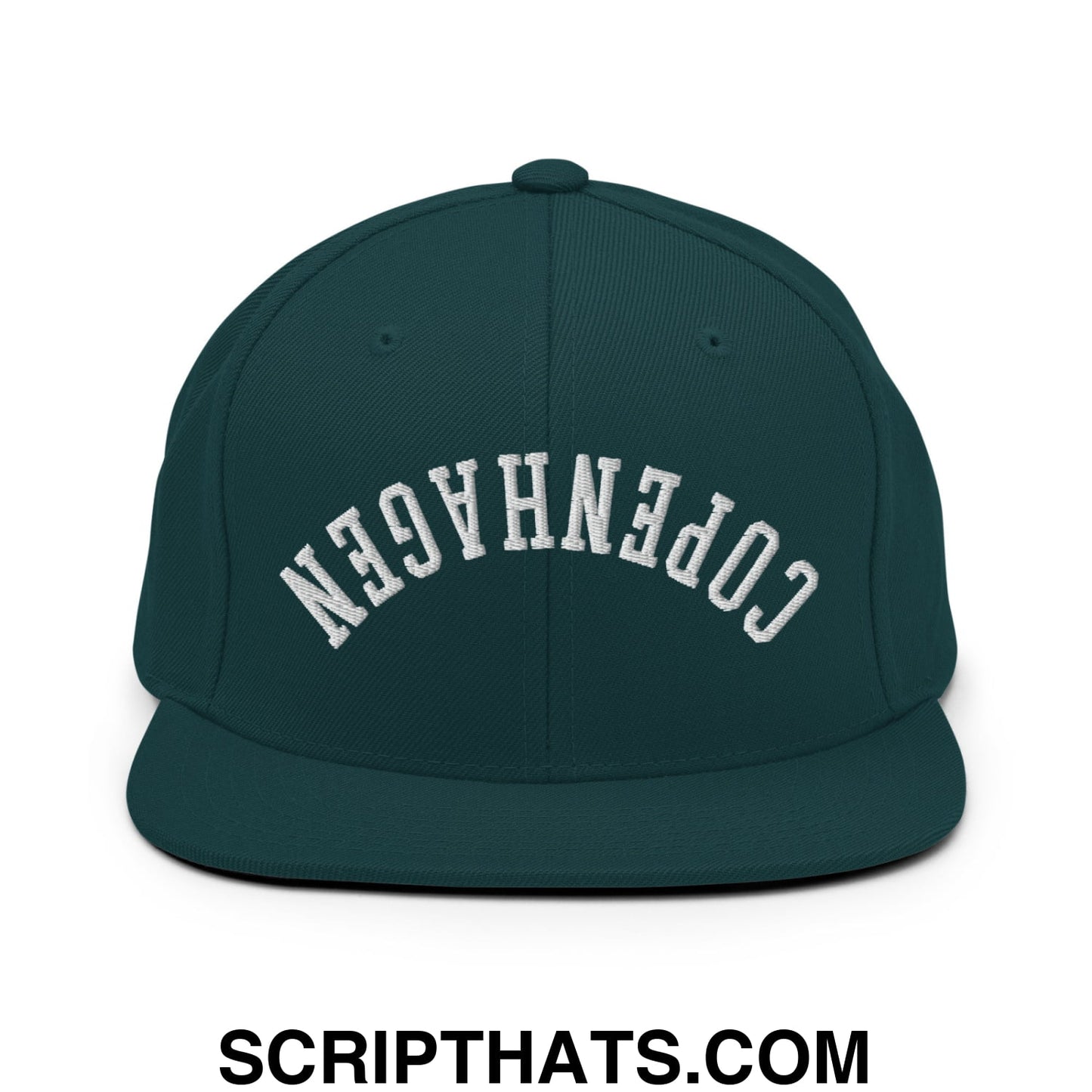 Upside Down Copenhagen Embroidered Flat Bill Brim Snapback Hat Spruce