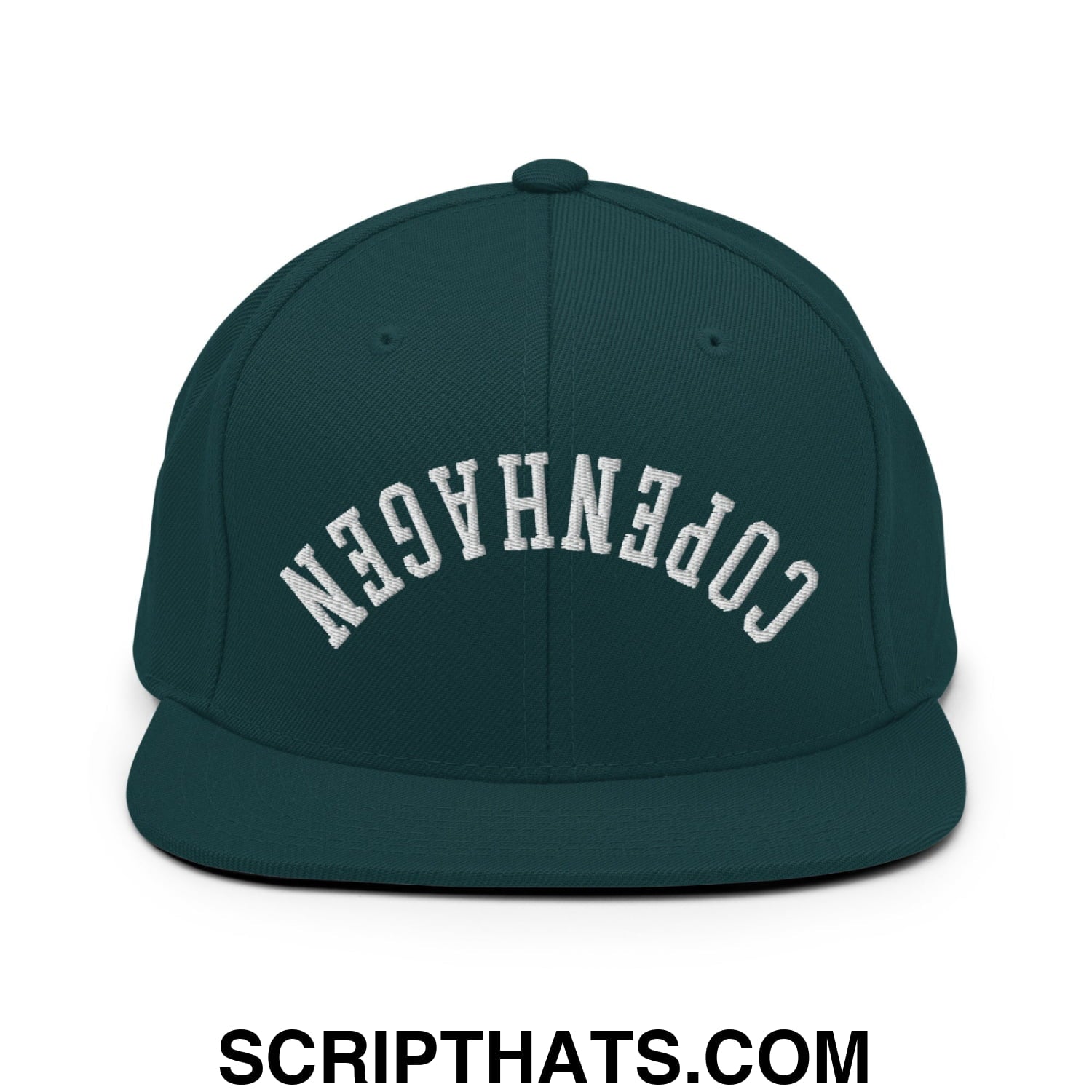 Upside Down Copenhagen Embroidered Flat Bill Brim Snapback Hat Spruce