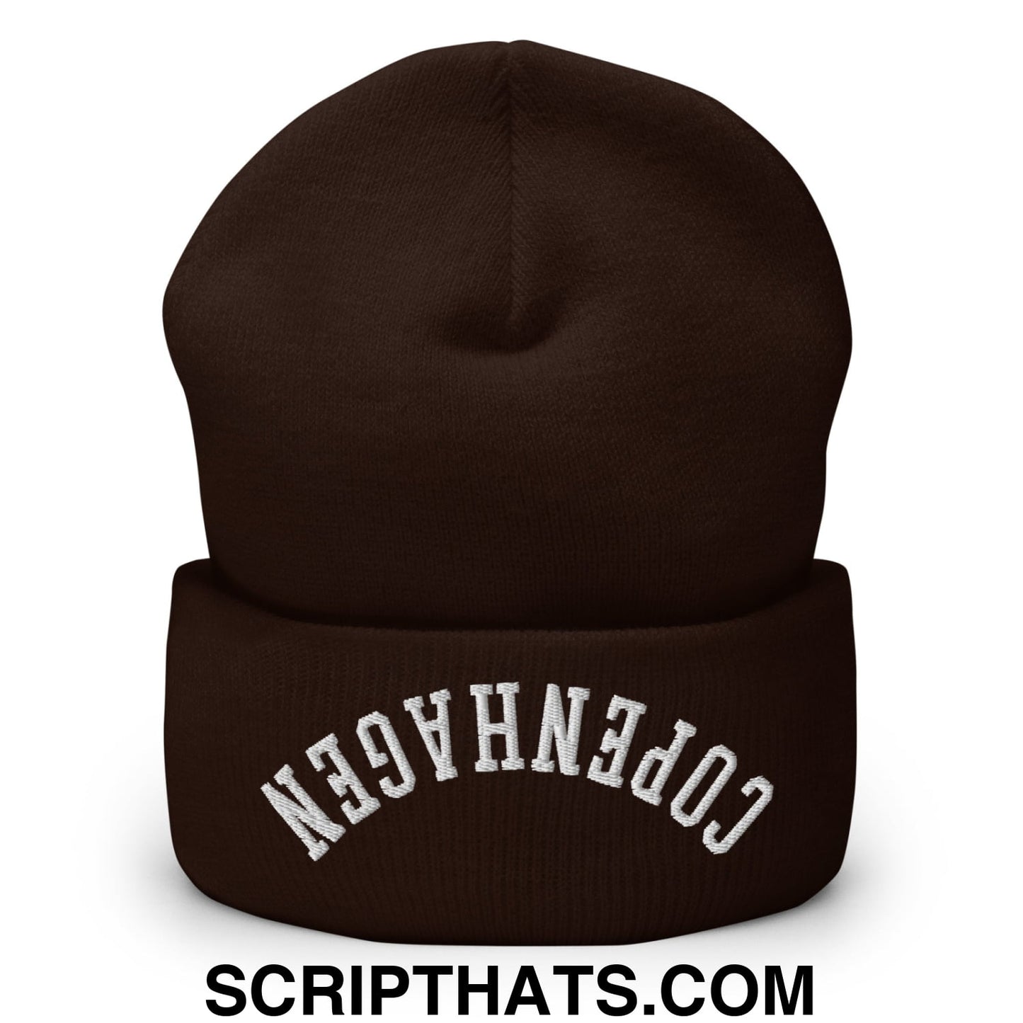 Upside Down Copenhagen Embroidered Knit Cuffed Beanie Brown