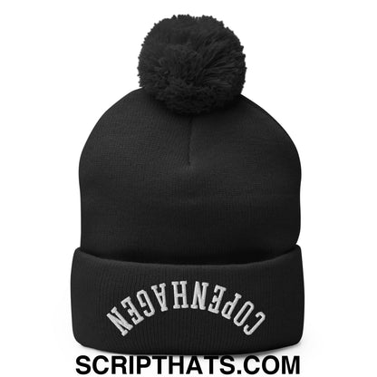 Upside Down Copenhagen Embroidered Knit Pom Pom Beanie Black