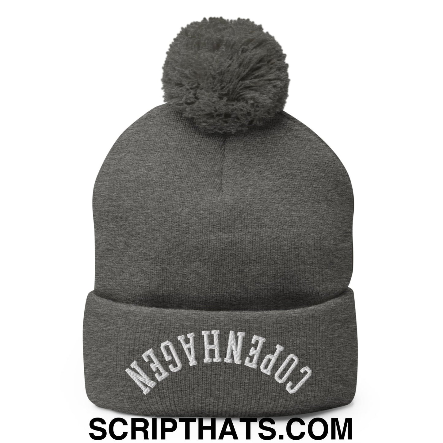 Upside Down Copenhagen Embroidered Knit Pom Pom Beanie Dark Heather Grey