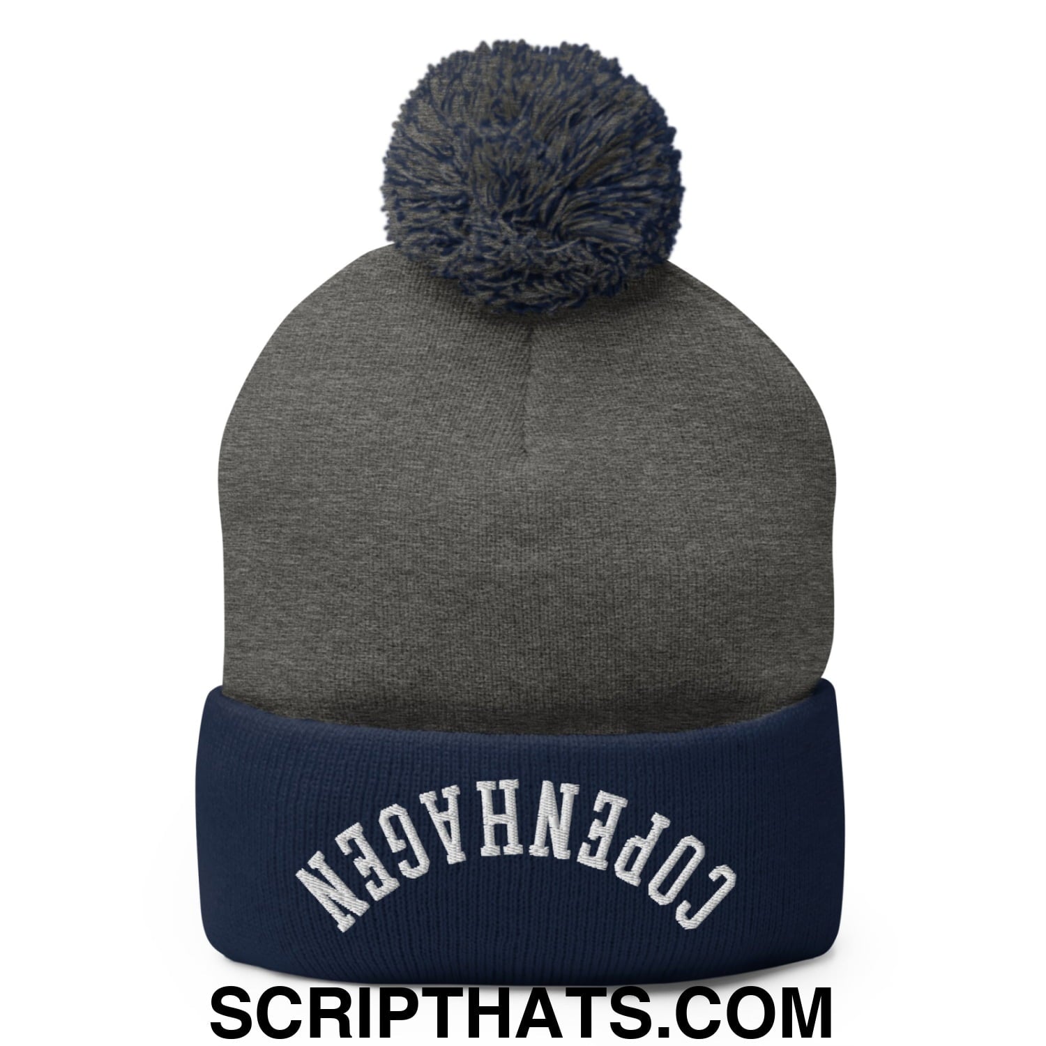 Upside Down Copenhagen Embroidered Knit Pom Pom Beanie Dark Heather Grey Navy