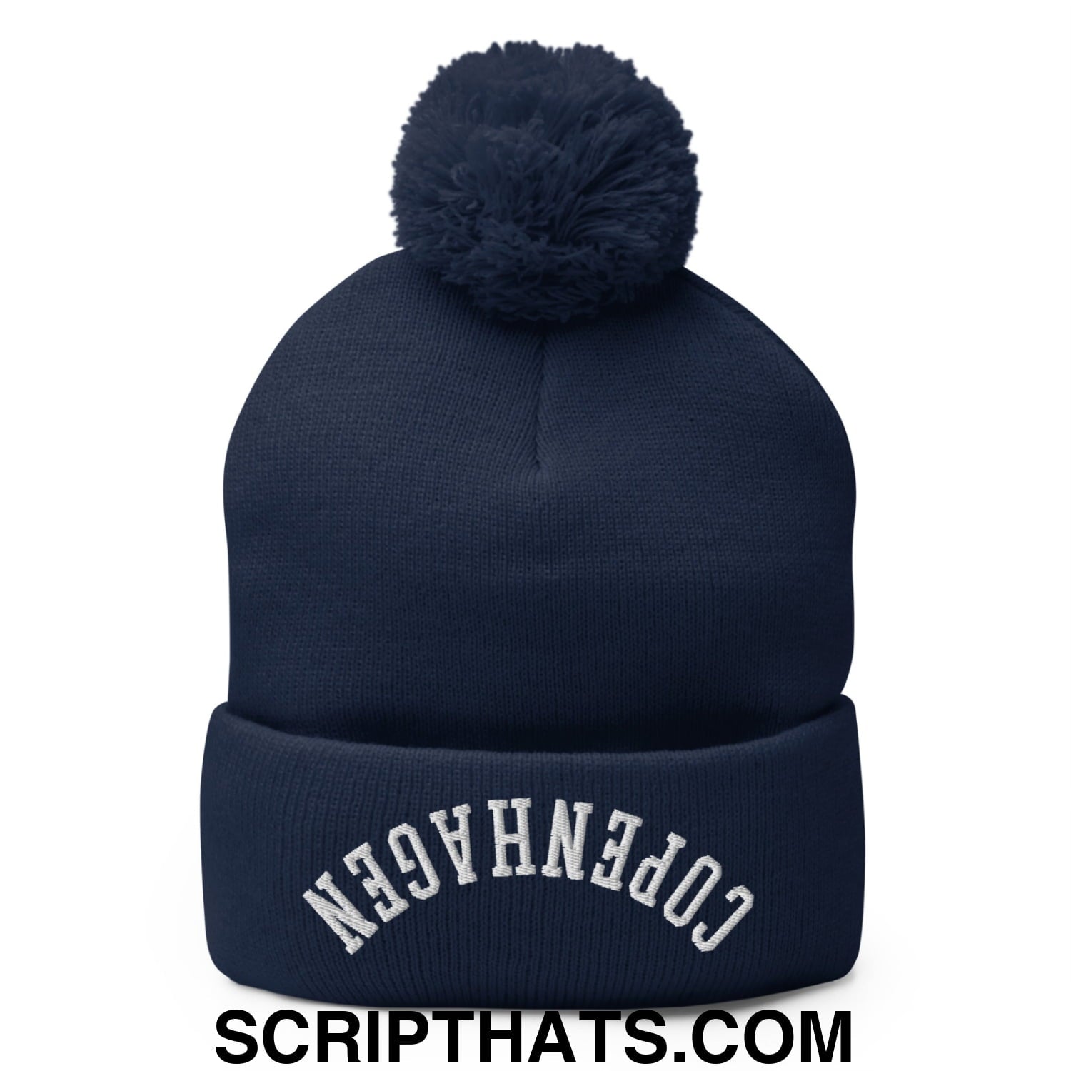 Upside Down Copenhagen Embroidered Knit Pom Pom Beanie Navy