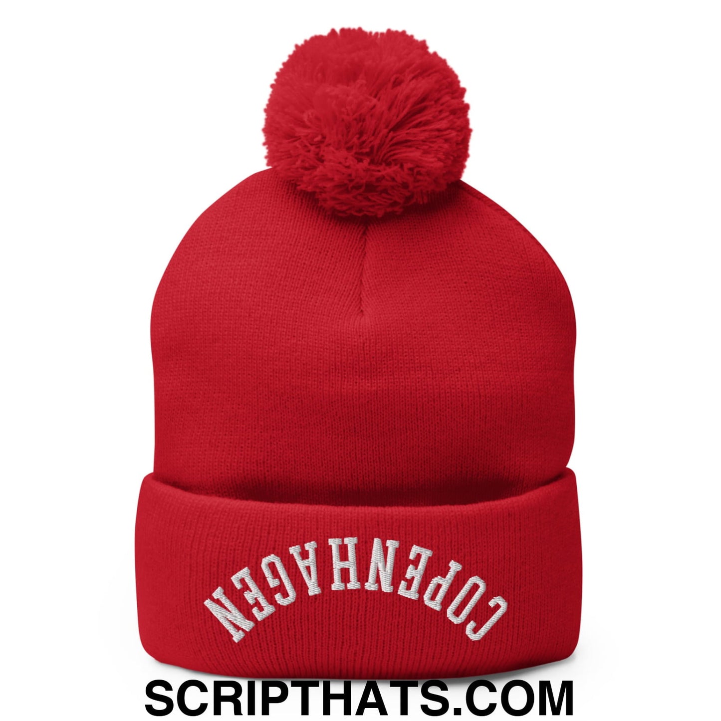 Upside Down Copenhagen Embroidered Knit Pom Pom Beanie Red