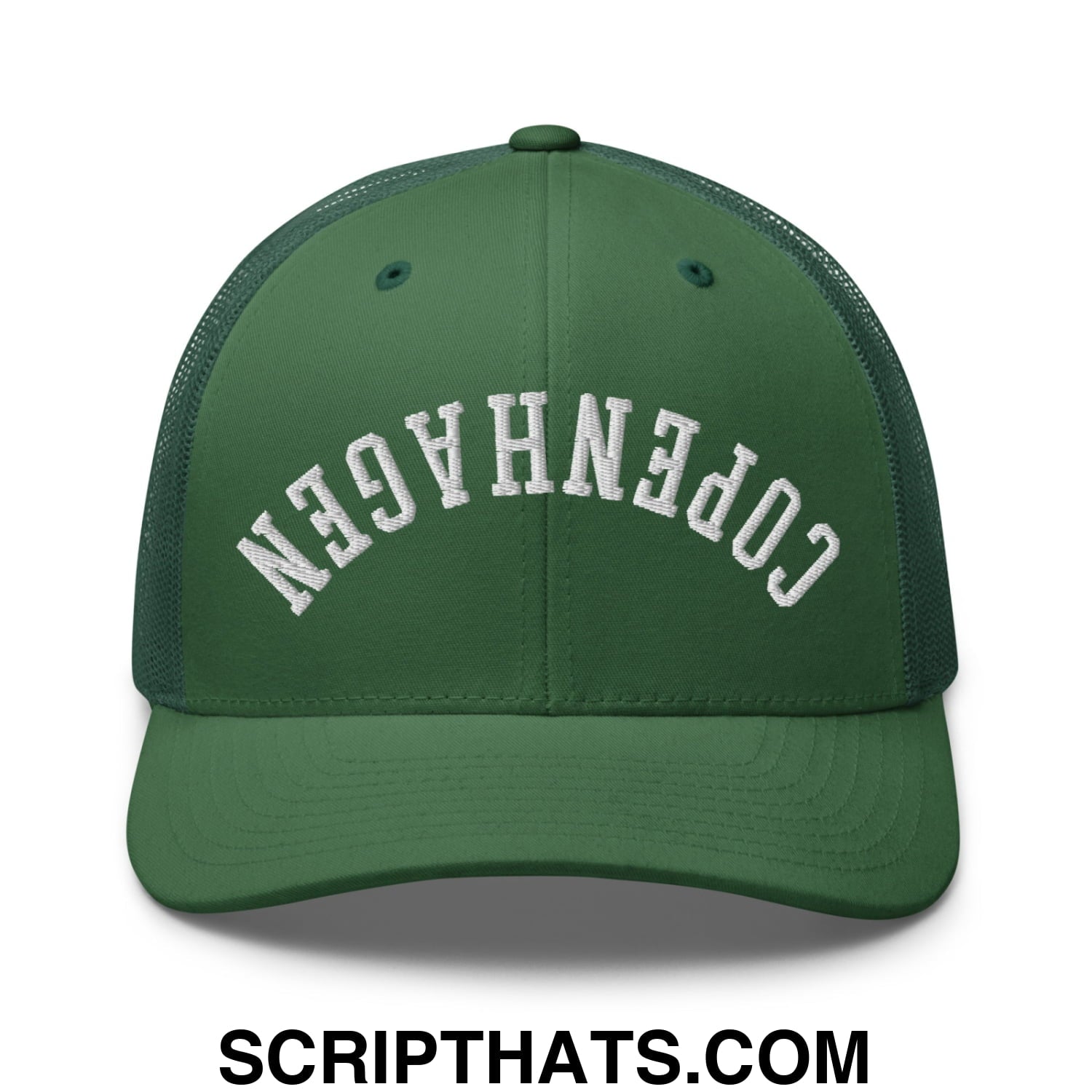 Upside Down Copenhagen Embroidered Mesh Trucker Hat Evergreen