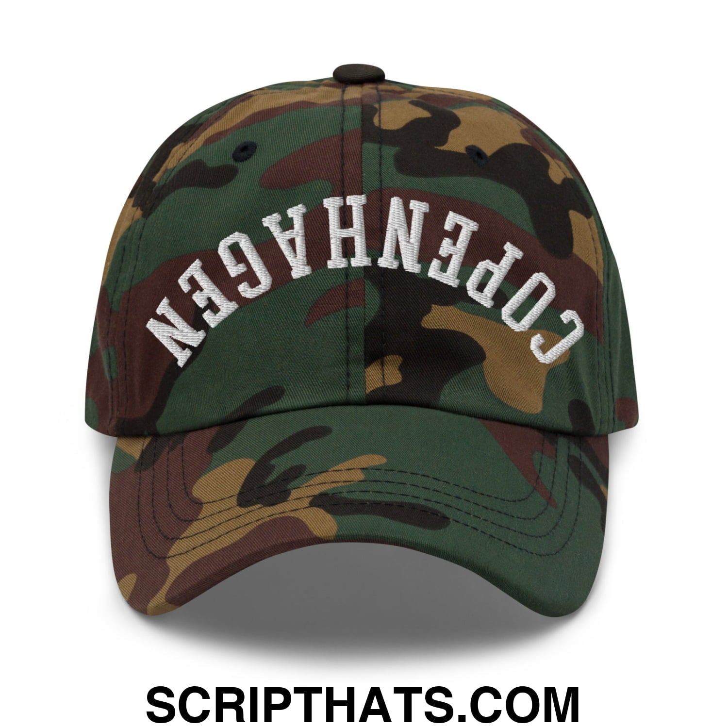 Upside Down Copenhagen Embroidered Unstructured Dad Hat Green Camo