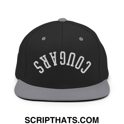 Black snapback cap with gray flat bill brim and white embroidered cougars in classic arched font on front