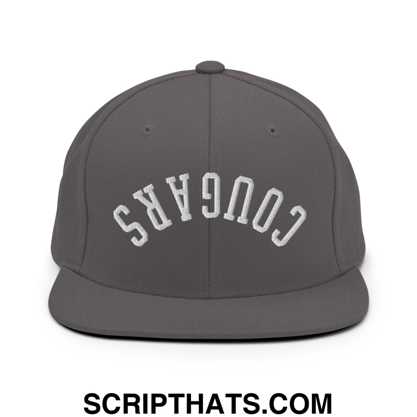 Gray snapback hat with white embroidered cougars lettering in an arched design and flat bill brim