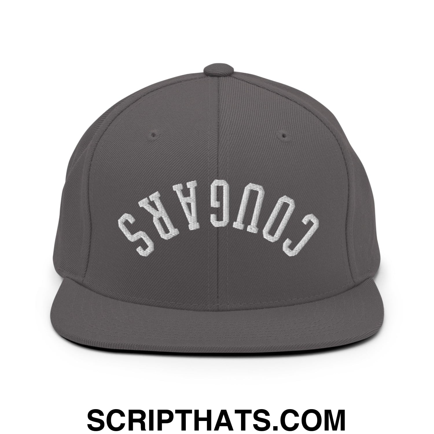 Gray snapback hat with white embroidered cougars lettering in an arched design and flat bill brim