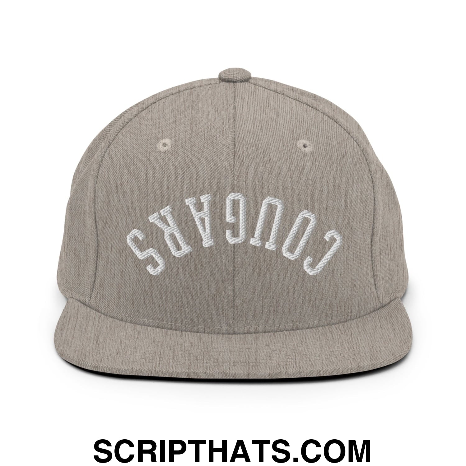 Gray heather snapback cap with white embroidered cougars lettering and flat bill brim for casual wear