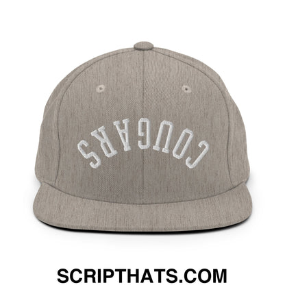 Gray heather snapback cap with white embroidered cougars lettering and flat bill brim for casual wear