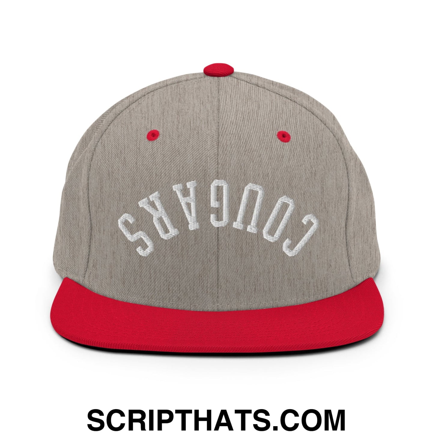 Gray and red snapback cap with white embroidered cougars lettering and flat bill brim for casual wear
