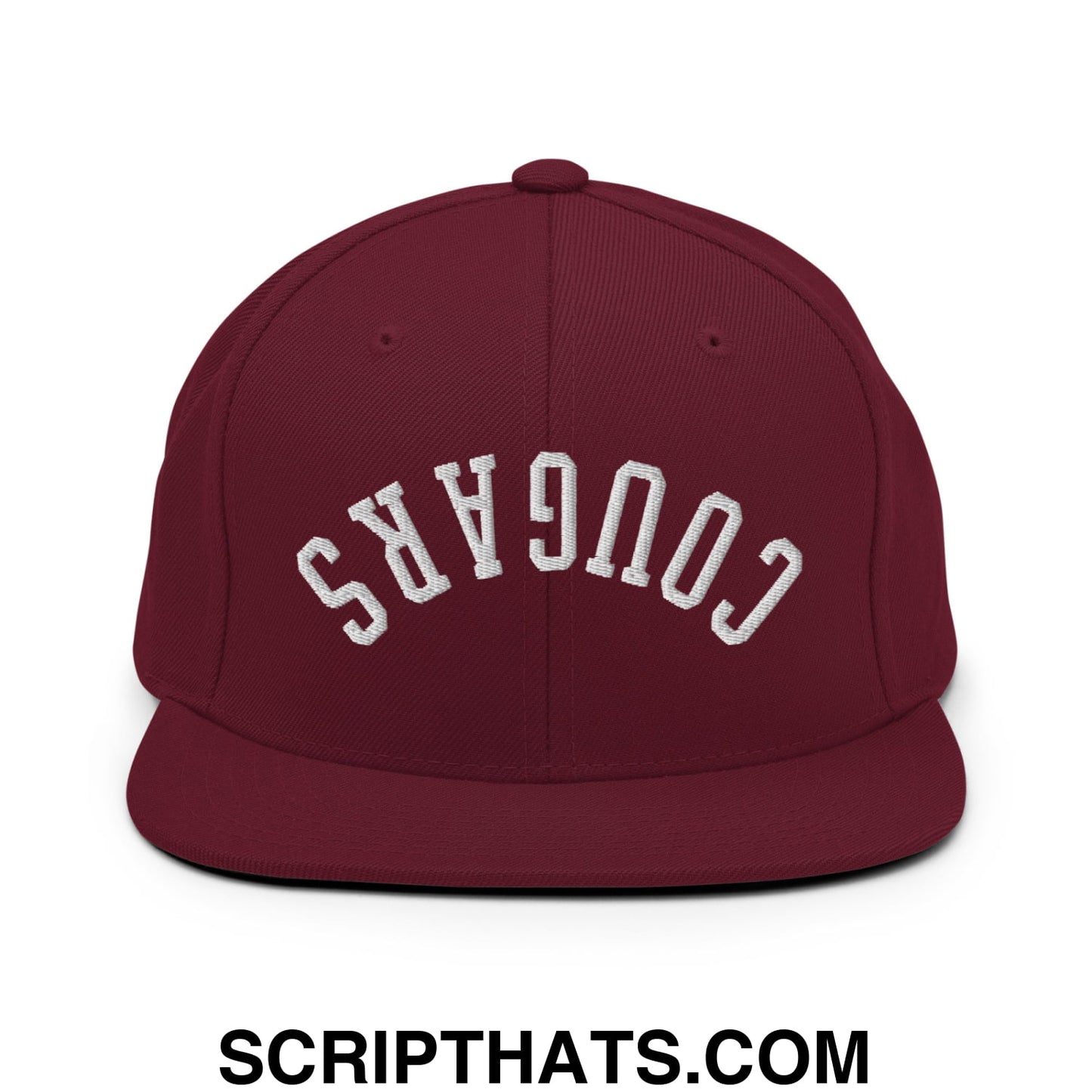 Maroon snapback hat with white embroidered cougars lettering and flat bill brim perfect for casual wear