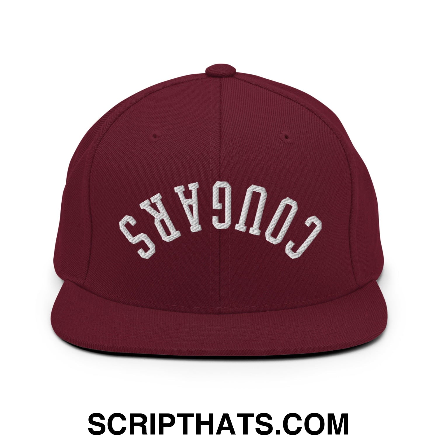 Maroon snapback hat with white embroidered cougars lettering and flat bill brim perfect for casual wear