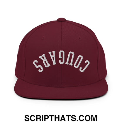 Maroon snapback hat with white embroidered cougars lettering and flat bill brim perfect for casual wear