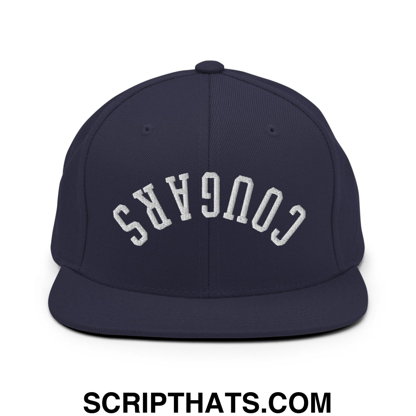 Navy blue snapback cap with white embroidered cougars lettering and flat bill brim in upside down style