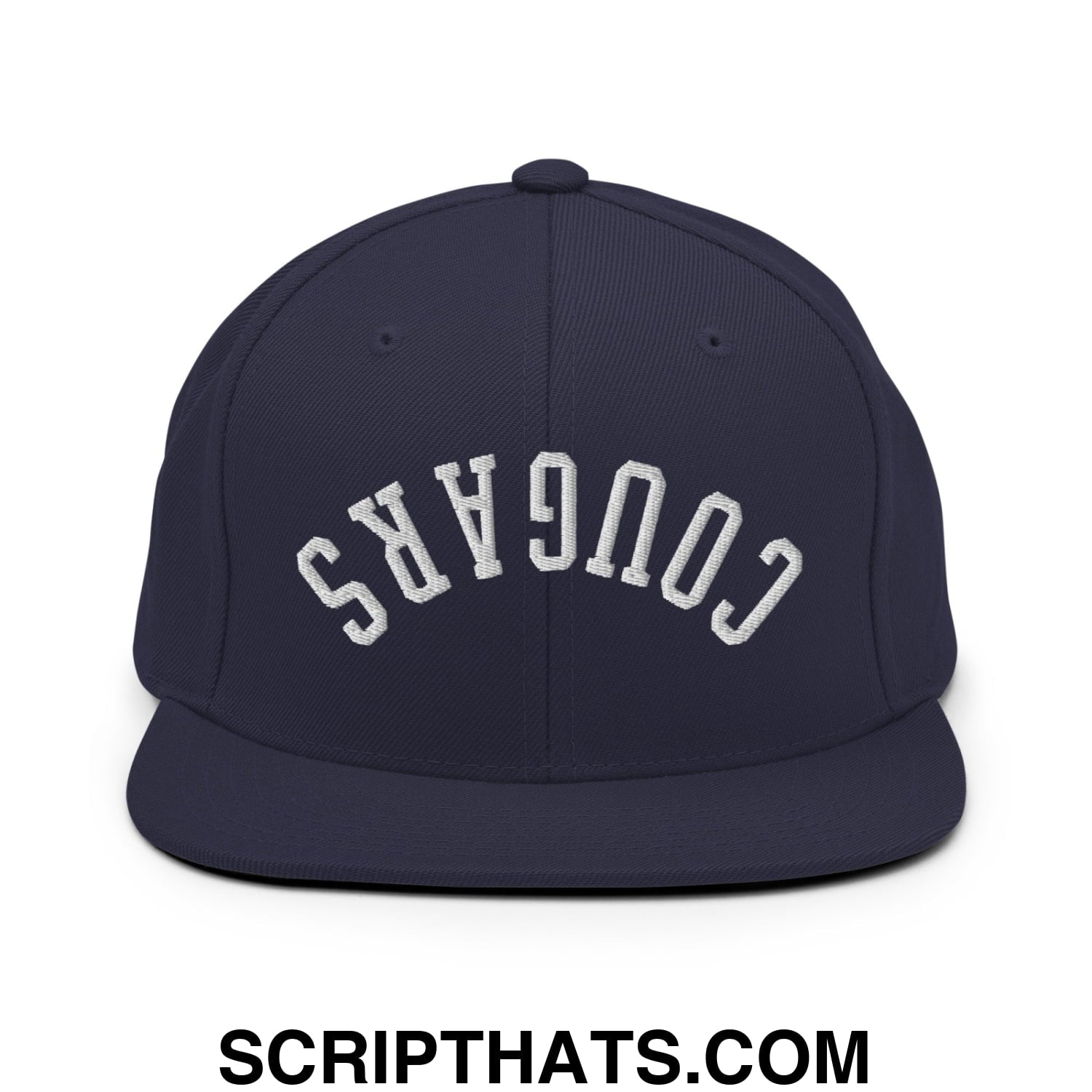Navy blue snapback cap with white embroidered cougars lettering and flat bill brim in upside down style