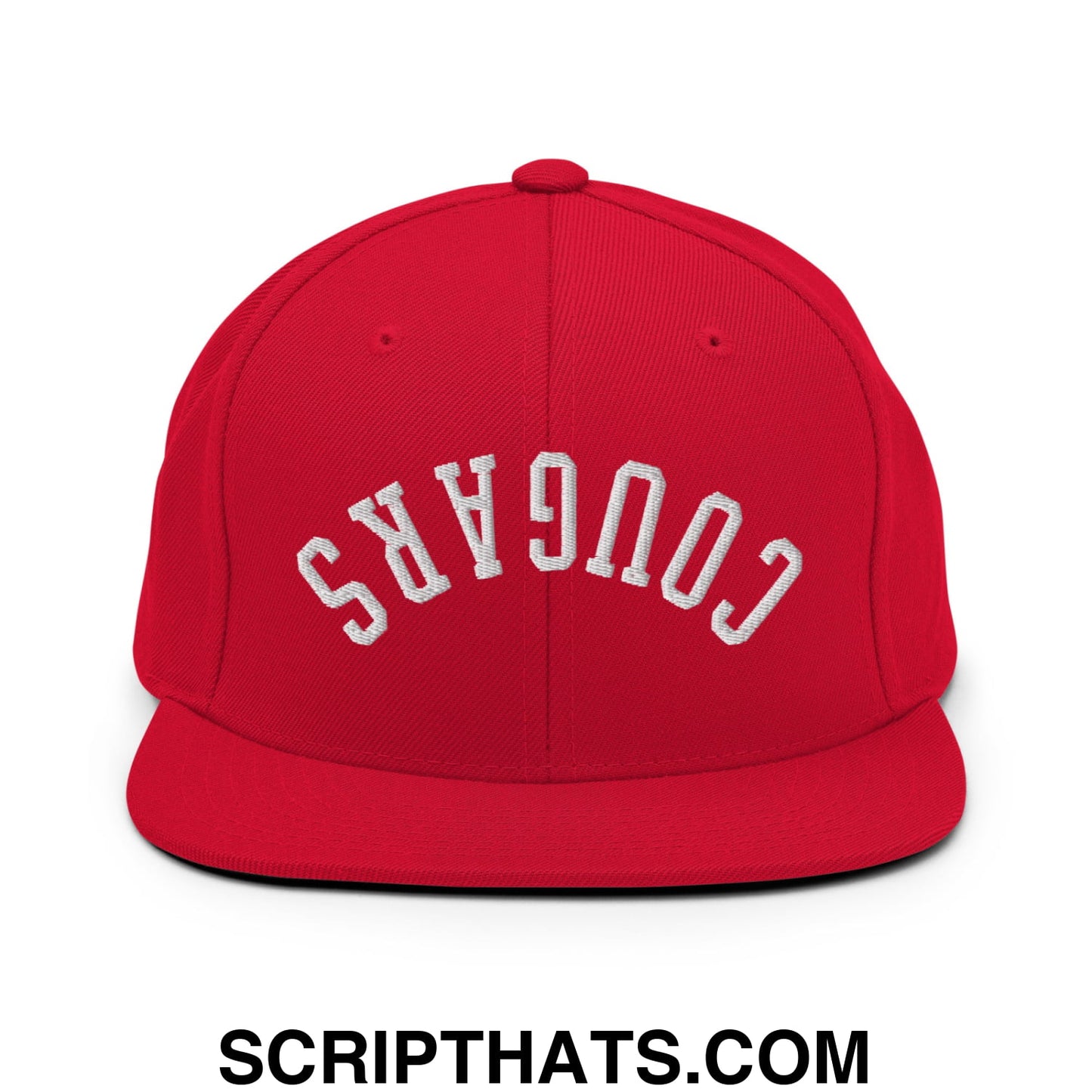 Red snapback cap with white embroidered cougars lettering and flat bill brim in an upside down design