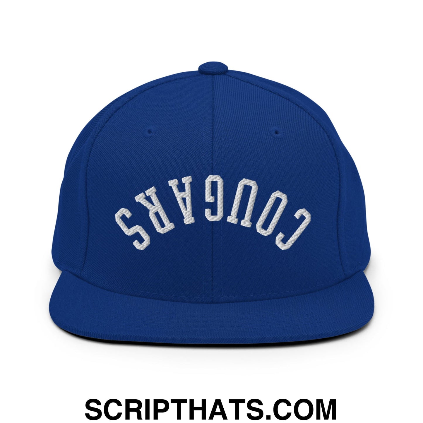 Royal blue snapback hat with white embroidered cougars lettering and flat bill brim for casual wear